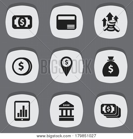 Set Of 9 Editable Finance Icons. Includes Symbols Such As Holdall, Coins Raise, Bar Graph And More. Can Be Used For Web, Mobile, UI And Infographic Design.