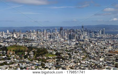 View of San Francisco downtown from Twin Peaks. Panorama.