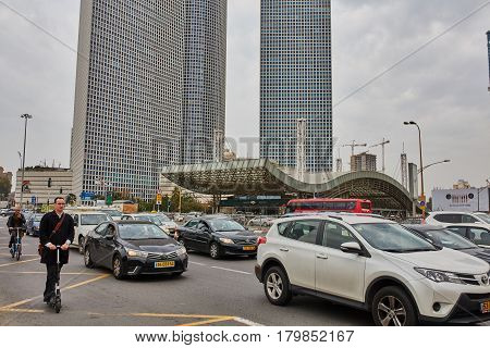 Tel Aviv - February 2, 2017: Tel Aviv Train Station Near Azrieli Mall