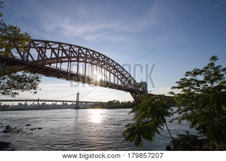 The Hell Gate Bridge and the sun reflect on the river behind the tree, New York