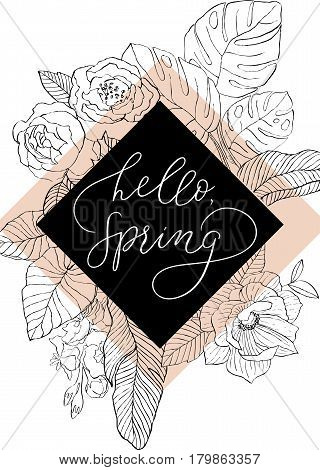 Sketch flowers with hand writing phrase hello spring in rhombus