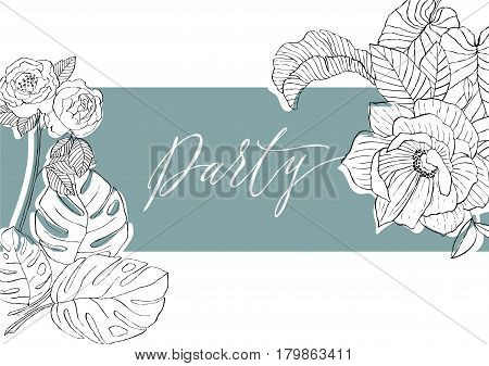 inscription paty on a turquoise background between flowers