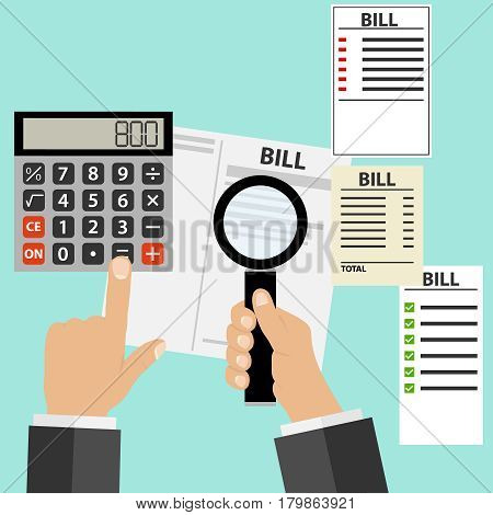 A hand with a magnifier a calculator and receipts for payment. Flat design vector illustration vector.