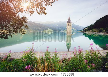 The old bell tower of Curon Venosta church rising out of the waters lake of Resia, Graun im Vinschgau village, Trentino-Alto Adige region of Italy, Europe. Gorgeous scene. Explore the world's beauty.