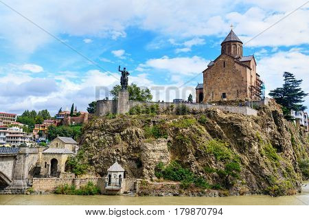 Metekhi Church And Vakhtang Gorgasali Monumen In Tbilisi, Georgia
