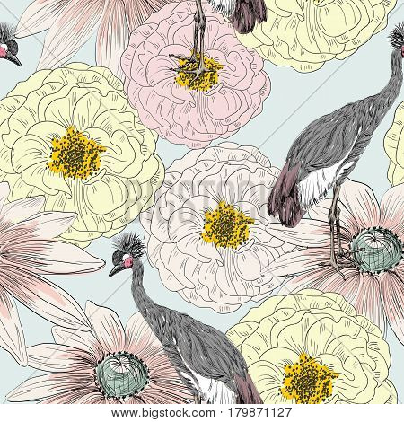 Vector sketch of a shadoof with flowers. Hand drawn seamless pattern