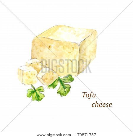 Watercolor tofu cheese. Cliced product for miso soup salad etc.
