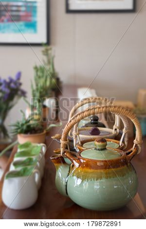 Group Of Hot Ceramic Teapots stock photo