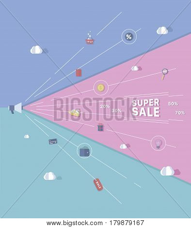 Colorful sale background. Concept business vector for investing into ideas, creative innovative work, growing business. Flat illustration with thin broken line.
