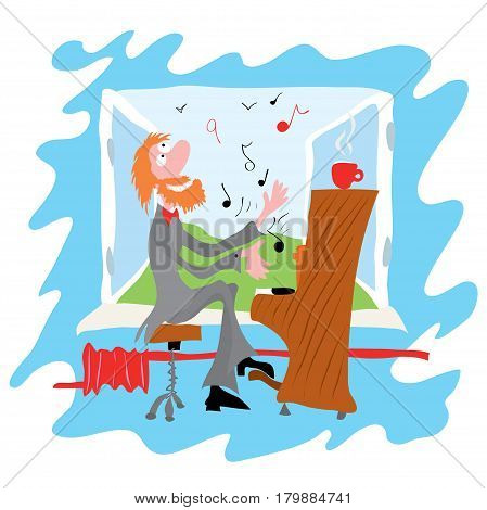 Bearded musician playing the piano, against the background of an open window / Musical coffee break
