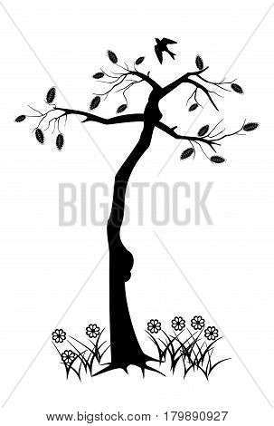 A tree pattern with leaves a bird and flowers
