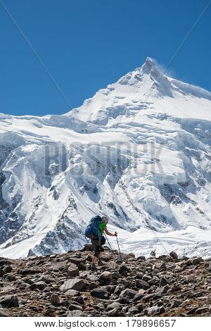 Trekker In Front Of Manaslu Glacier On Manaslu Circuit Trek In Nepal