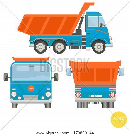 Cartoon transport. Dump truck vector illustration. View from side, back, front.