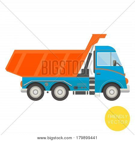 Cartoon transport. Dump truck vector illustration. View from side.