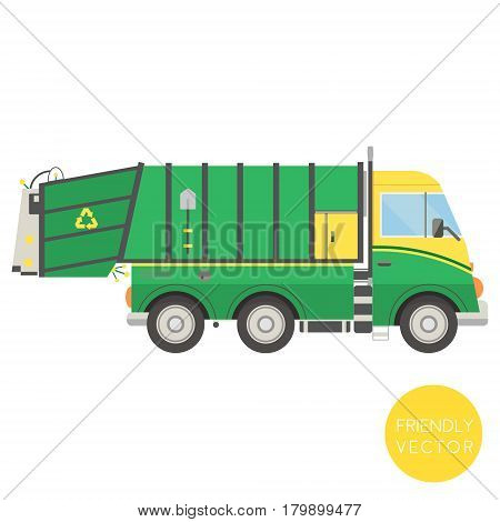 Cartoon transport. Garbage truck vector illustration. View from side.