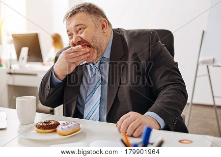 Enjoying a break. Funny busy chubby man consuming his favorite sweets with delights while having a snack at his workplace not spending time on a real lunch