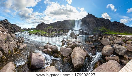 beautiful view of the Oxararfoss waterfall in Thingvellir national park