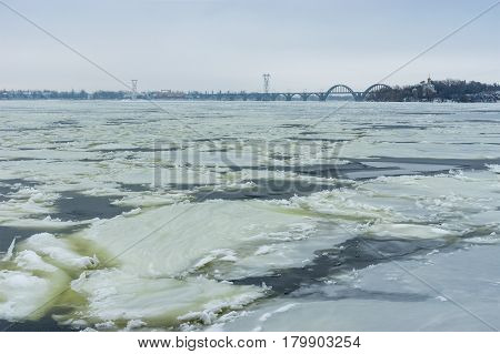 Winter landscape with ice formations on river Dnepr at January in Dnepr city Ukraine