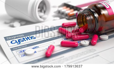Cystitis - Handwritten Diagnosis in the Disease Extract. Medical Concept with Red Pills, CloseUp View, Selective Focus. 3D Illustration.