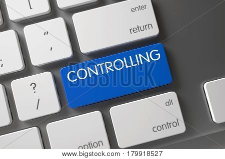 Controlling Concept: Slim Aluminum Keyboard with Controlling, Selected Focus on Blue Enter Button. 3D.