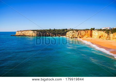View of Praia da Senhora Rocha, Algarve region, Portugal