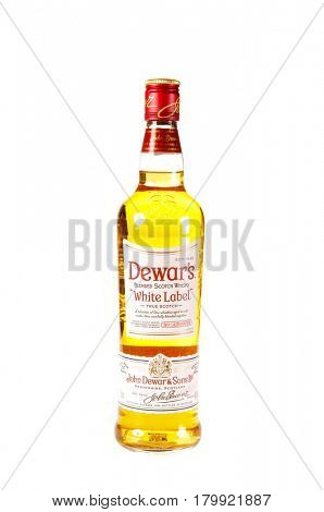 Colbert, WA - April 1, 2017: Bottle of Dewars White Label Blended Scotch Isolated on white, illustrative editorial