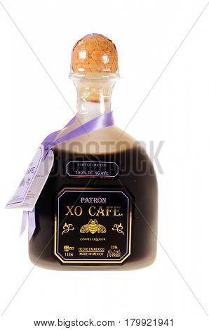 Colbert, WA - April 1, 2017: Patron XO Cafe Mexican tequila isoleted on white, illustrative editorial