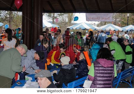 Spokane, WA - April 2, 2017: Lions club members supporting the Spokane MS Walk, a fund raising walk for Multiple sclerosis, editorial