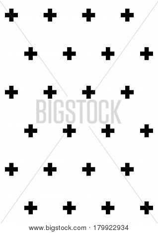 Cross pattern, texture. Geometric vector background. Black pluses on white. Decorative scandinavian design for interior. A4 paper for poster, postcard, fabric textile, wrapping, backdrop