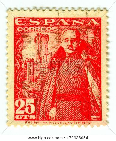 GOMEL, BELARUS, 30 MARCH 2017, Stamp printed in Spain shows Francisco Franco Bahamonde was a Spanish general who ruled over Spain as a military dictator for 36 years, circa 1960.