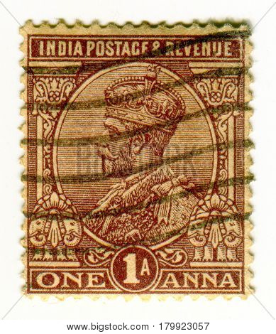 GOMEL, BELARUS, 1 APRIL 2017, Stamp printed in India shows image of the George V  was King of the United Kingdom and the British Dominions, and Emperor of India, circa 1926  .