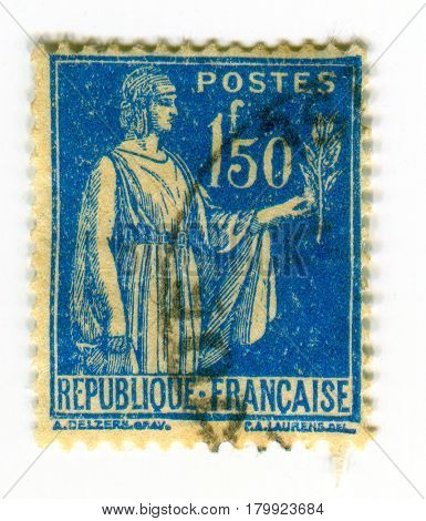 GOMEL, BELARUS, 2 APRIL 2017, Stamp printed in France shows image of the Ceres was a goddess of agriculture, grain crops, fertility and motherly relationships, circa 1928.
