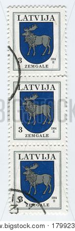 GOMEL, BELARUS, 2 APRIL 2017, Stamp printed in Latvia shows image of the Coat of arms Zemgale, circa 1994.