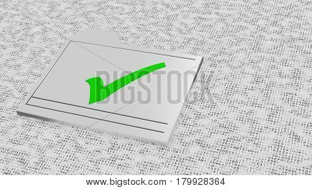 White smudge letter background with metal folder icon and green tick mark secure file system concept 3D illustration