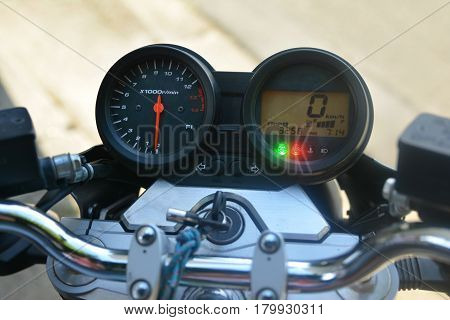 speedometer of a motorcycle close up view