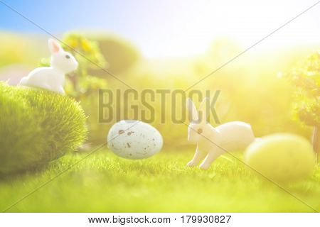 Little Easter Bunny On Spring Green Grass. Macro.