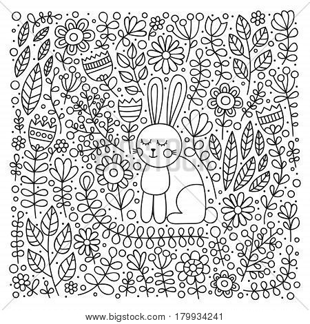 Cute bunny in flowers. Hand drawn doodle card with rabbit and floral ornament. Nice childish design. Coloring page for coloring book. Black and white. Vector outline illustration.