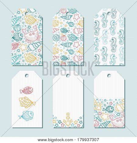 Vector set of six tags. Sea theme label with hand drawn doodle elements. Fish crab seahorse bubbles dots shell anchor. Summer theme. For gifts and greetings. Yellow white blue red colors.