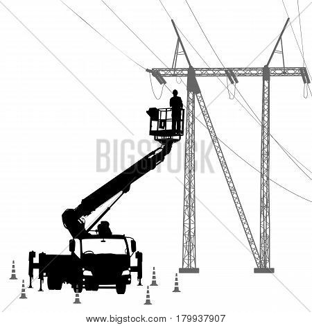 Electrician, making repairs at a power pole. Vector illustration.
