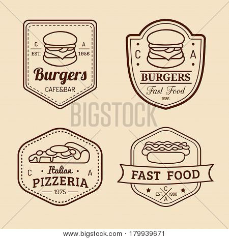 Vector vintage fast food logos set. Retro eating signs collection. Hand drawn burger, hipster sandwich, fried potatoes, hot dog, frankfurter emblems. Bistro, snack bar, street restaurant icons.