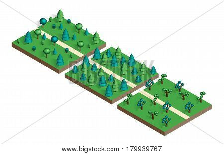 Isometric view projection summer landscape. Nature appearance of park with trees. Set for design your own location. Stock vector.