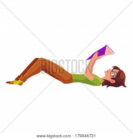 Full length portrait of girl, woman in glasses reading book while lying on her back, cartoon vector illustration isolated on white background. Girl, woman in glasses reading a book in lying position