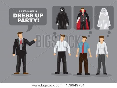 Adults planning for dress up party. Cartoon vector illustration on dress up party costume ideas for adults.