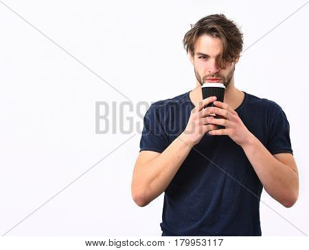 Caucasian Sexy Young Macho Holding Coffee Cup