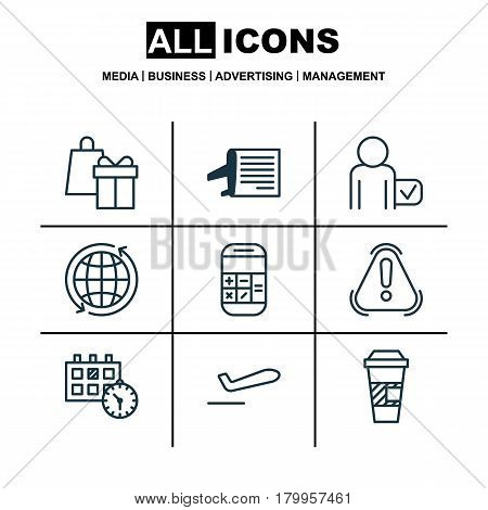 Set Of 9 Transportation Icons. Includes Globetrotter, Timetable, Shopping And Other Symbols. Beautiful Design Elements.