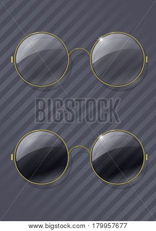 Set of vintage round glasses with a transparent and tinted glass in a brass rim. Vector graphics with transparency effect