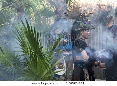 Tulum Mexico March 15th 2017: Woman in Maya indian costume in Tulum Mexico