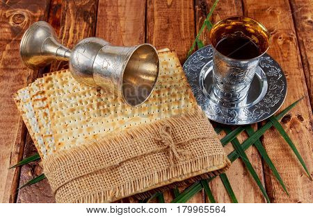 Pesach matzo passover with wine and matzoh jewish passover bread