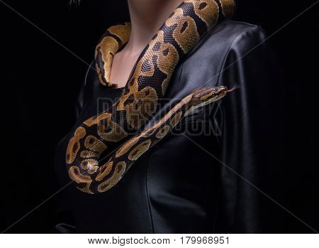 Woman and ball python on black background