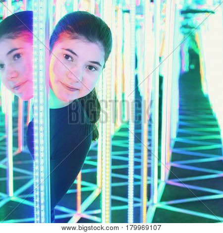 Girl In Mirror Maze Try To Find Way Out